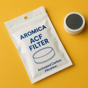 Aroma ACF filter with activated carbon for air purification, in resealable packaging on yellow background.