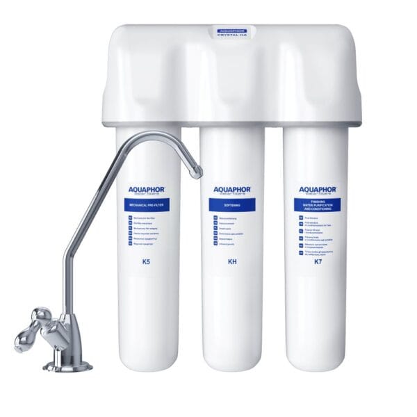 Mineral water filter system with three-stage filtration and faucet, optimized for clean drinking water and water purification.