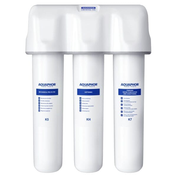 High-quality three-stage water filter system by Aquaphor, designed for efficient filtration, softening, and water purification to ensure clean, safe drinking water for your home.