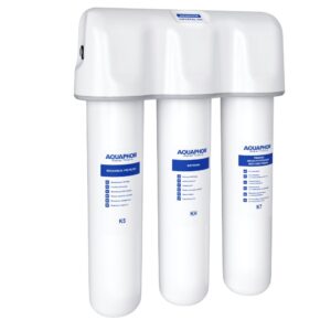 High-quality under-sink water filtration system with three multi-stage filters for clean, safe drinking water. Ideal for home water purification and conditioning.
