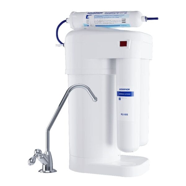 High-quality reverse osmosis water filtration system with sleek white design, convenient faucet, and durable filter cartridge for clean and pure drinking water at home or office.