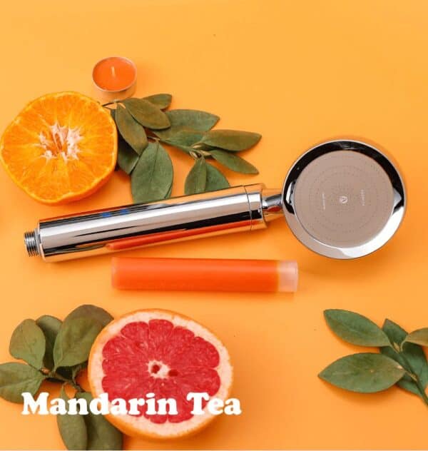 Juice filter showerhead with orange, grapefruit, and green leaves on a bright orange background, showcasing water filtration and natural ingredients.