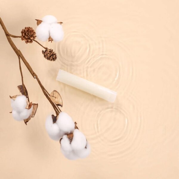 Gentle steam vaporizer with cotton branch, cotton flower, and water ripples on beige background for effective humidification and air purification.