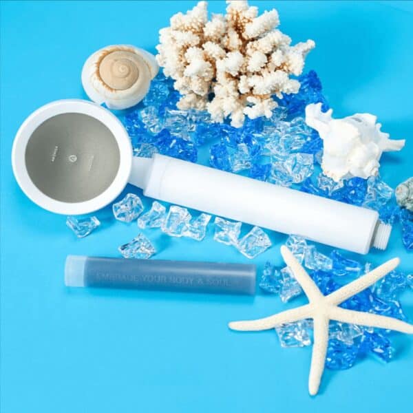 Seaside-themed water filter cartridge with shell accents, coral, starfish, and ice, optimized for clean water filtration and refreshing ocean-inspired decor.