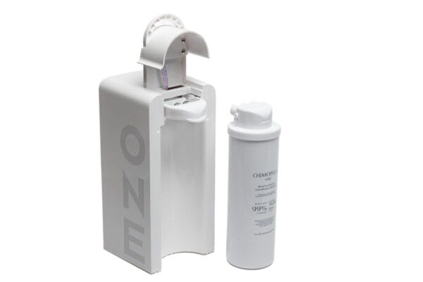 Disinfection station with alcohol-based sanitizer dispenser and replacement filter for water purification or facial cleansing.