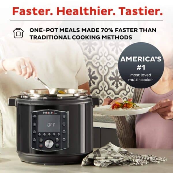Fast cooking with instant pot, healthy meals made quickly using multi-cooker, easy home cooking, time-saving kitchen appliance, preferred multi-cooker in America.