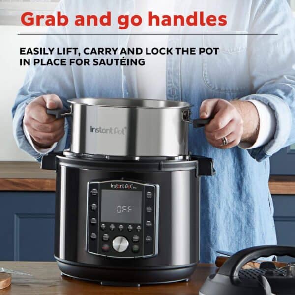 Easily lift and carry a stainless steel Instant Pot with handles, lock it in place for sautéing, highlighting convenient features of modern pressure cookers for efficient kitchen use.