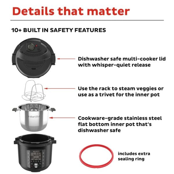 Filterplace.eu modern kitchen appliance showcasing dishwasher-safe multi-cooker lid, steaming rack, stainless steel inner pot, and extra sealing ring for safe and versatile cooking.