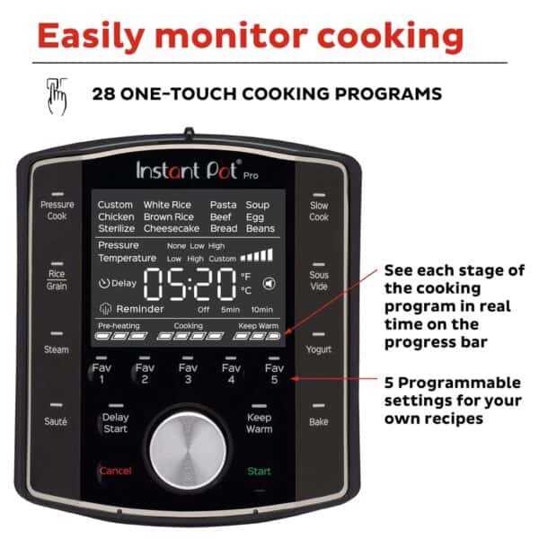 Instant Pot Pro digital multi-cooker with 28 one-touch cooking programs, customizable settings, and real-time progress tracking for efficient meal preparation. Suitable for pressure cooking, rice, steaming, and more.