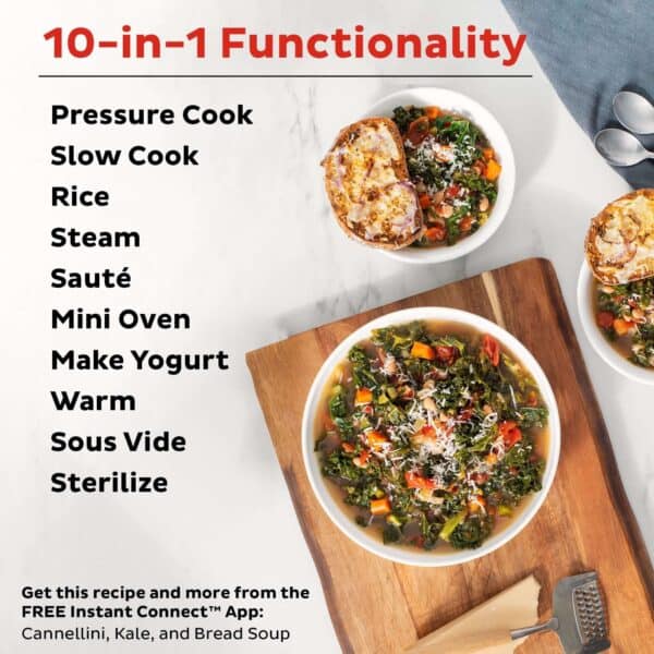 Pressure cooker soup with kale, vegetables, and cheese served in white bowls on a wooden tray.