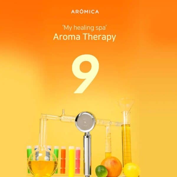 Aroma Therapy Spa Set with test tubes, fruits, and essential oils on a yellow background, promoting wellness and relaxation, ideal for aromatherapy and spa treatments.