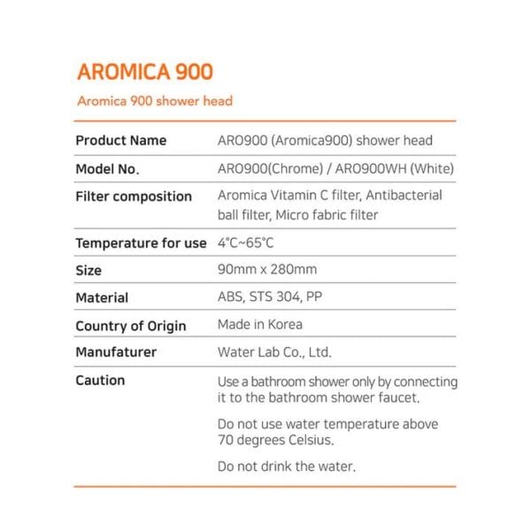 AROMICA 900 shower head with vitamin C and antibacterial filters, compatible with chrome and white finishes, made in Korea for enhanced shower experience, easy installation, and water filtration.
