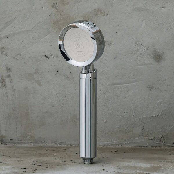 High-quality chrome handheld showerhead with a sleek design, perfect for modern bathrooms and water filtration systems.