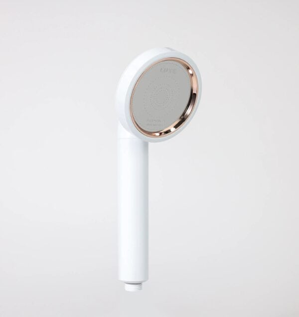 Sleek modern showerhead with rose gold accents, designed for luxury bathroom fixtures and water-saving efficiency. Perfect for stylish, eco-friendly home plumbing updates.