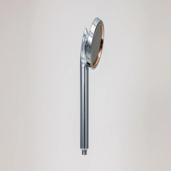 Showerhead with modern silver and rose gold accents, wall-mounted design, perfect for contemporary bathrooms.