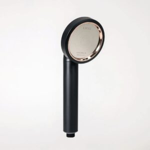Shower head with modern design, black finish, and rose gold accents, ideal for high-end bathroom renovations and water-saving solutions.