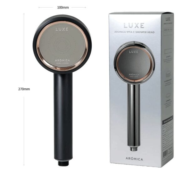 High-quality Luxe Aromica Vita C shower head with modern black and rose gold finish, designed for luxury bathroom upgrades and improved water flow.