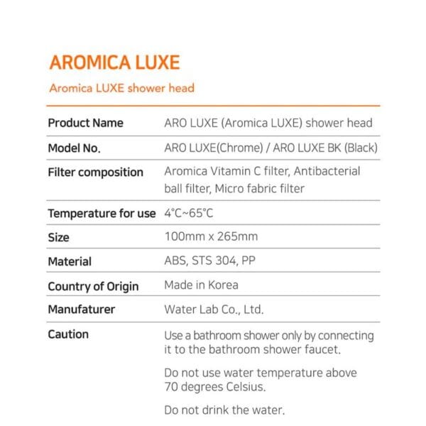Aromica LUXE shower head with advanced filtration system, available in Chrome and Black finishes, featuring Vitamin C, antibacterial ball and micro fabric filters for clean, healthy water.