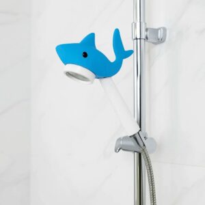 Cute blue shark-shaped shower head for bathroom decor, innovative water-saving shower attachment, fun aquatic-themed bathroom accessories for kids and adults.