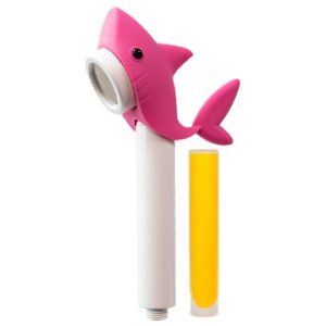 Pink shark-shaped water filter attachment for faucet, children's fun water filter accessory, BPA-free kitchen faucet filter, portable water purifier for kids, unique faucet filter design.