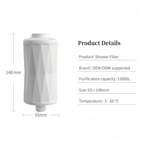 High-quality shower filter with 15000L purification capacity, OEM/ODM supported, designed to remove impurities and improve water quality for a better bathing experience.