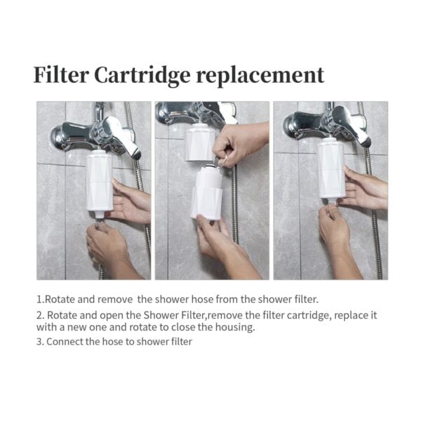 Shower filter cartridge replacement guide, easy installation and maintenance, remove and install filter with step-by-step instructions, compatible with shower hoses, water filtration DIY.