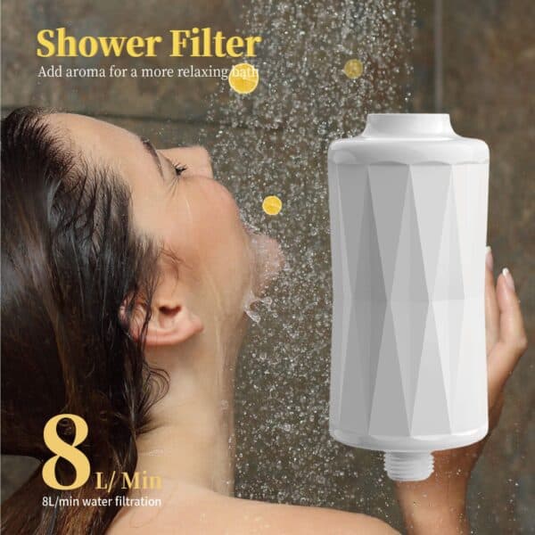 High-resolution shower filter with aromatherapy features, ideal for relaxing baths.