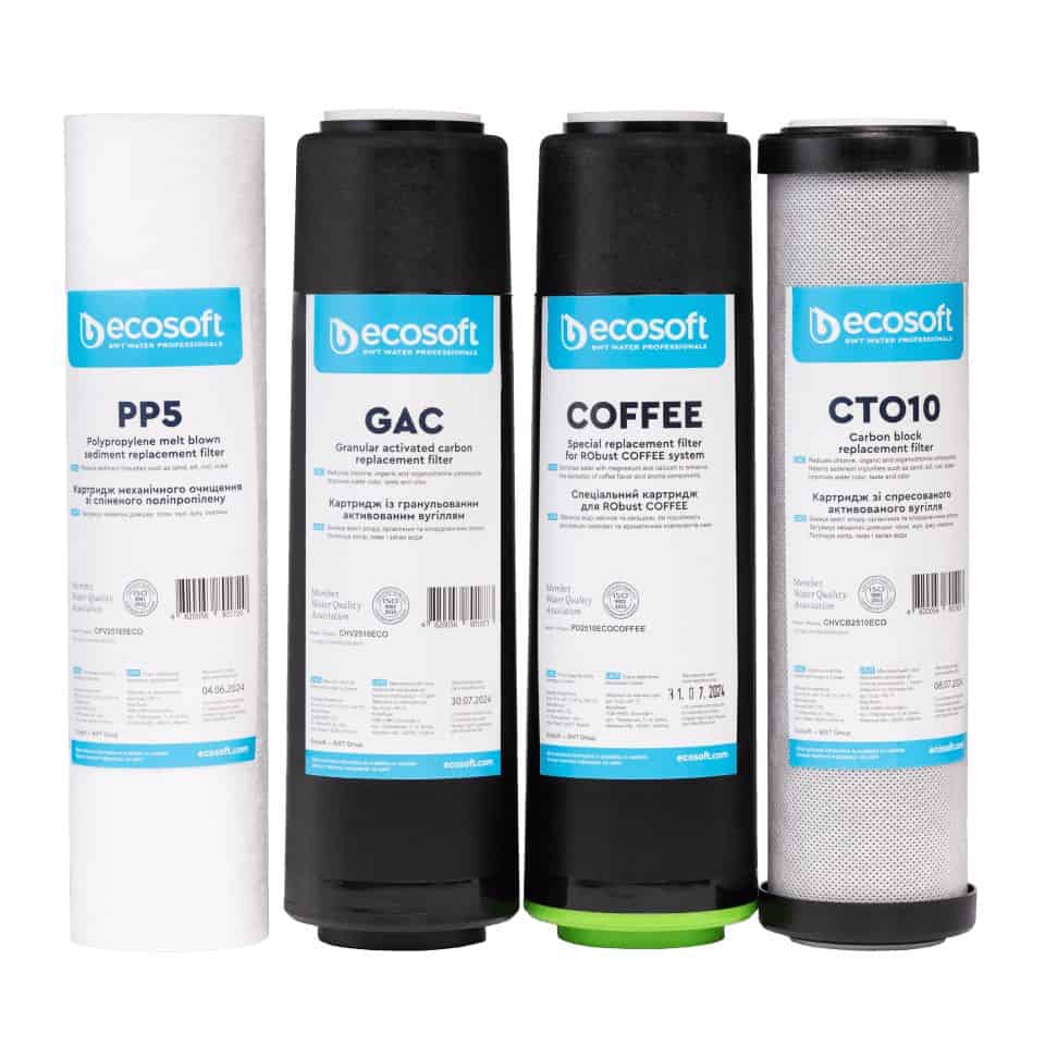 High-quality water filter replacement cartridges by EcoSoft, including PP5, GAC, COFEE, and CTO10 models for optimal water purification systems and improved water taste.