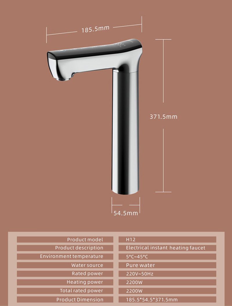 Sleek electrical instant heating faucet with precise dimensions for easy installation and optimal water flow. Perfect for modern bathrooms and kitchens.
