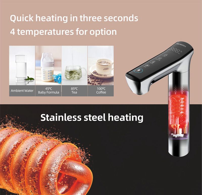 Hot water dispenser with quick heating and multiple temperature options, including ambient, baby formula, tea, and coffee, featuring stainless steel heating for durability and efficiency.