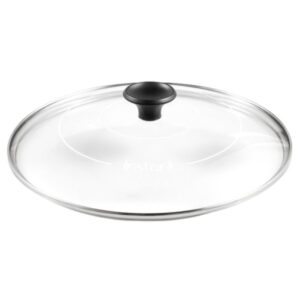 Stainless steel pot lid with black handle, compatible with various cookware, dishwasher safe, heat-resistant, and easy to clean. Perfect for cooking and food preparation.