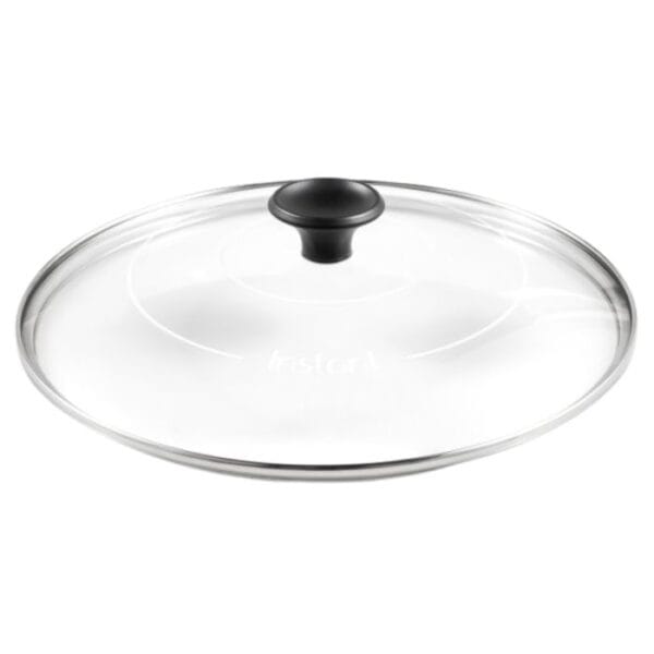 Stainless steel pot lid with black handle, compatible with various cookware, dishwasher safe, heat-resistant, and easy to clean. Perfect for cooking and food preparation.