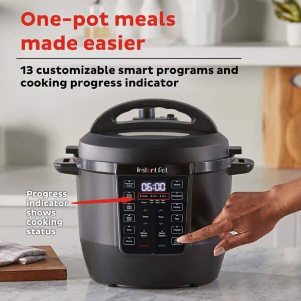 Multi-function instant pot with digital control panel, showing cooking progress indicator and various preset options for easy meal preparation.