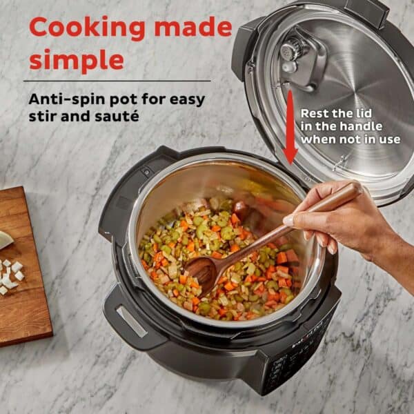 Cooking made simple with an anti-spin pot for easy stirring and sautéing in an electric pressure cooker, featuring a removable lid handle for convenience.