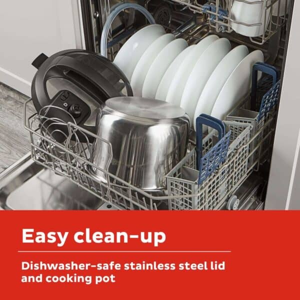 Dishwasher safe stainless steel lid and cooking pot interior for easy kitchen cleanup and durable dishwasher use.