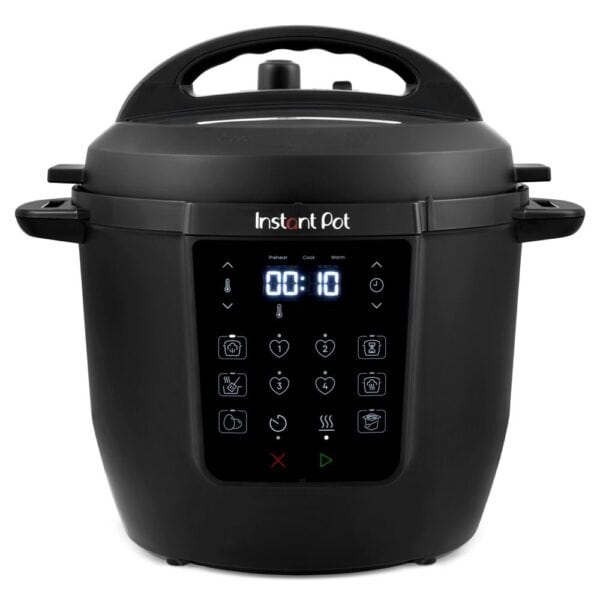 Modern black instant pot with digital touch display and multiple cooking modes for convenient meal preparation. Perfect for fast, easy, and versatile cooking at home.