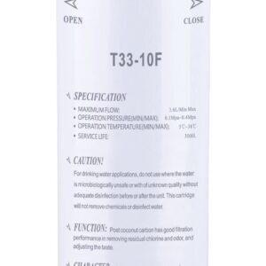 T33-10F water filtration cartridge for residential and commercial reverse osmosis systems. High flow, safe water disinfection, removes residual chlorine and odor, supported by Water Quality Association certification.