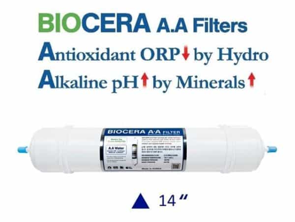 BioCera A.A. filter for improved water quality, antioxidant ORP reduction, alkaline pH increase, with hydro minerals for healthier drinking water.
