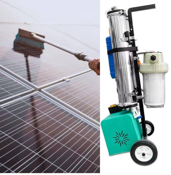Cleaning solar panels with brush and water, solar panel maintenance, solar panel cleaning equipment, efficient solar cleaning tools, solar power system cleaning machine, solar panel cleaning machinery, solar energy cleaning technology, renewable energy maintenance tools.