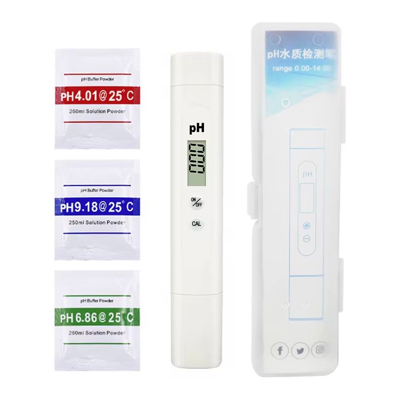 PH testing pen with digital display and solution powders for precise water pH measurement, ideal for aquariums, pools, and water quality testing.