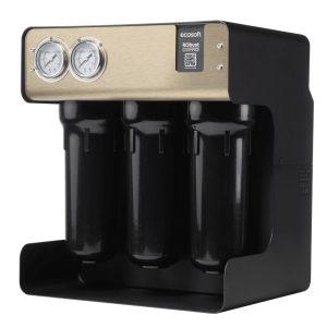 High-capacity water filtration system with three black filter cartridges and a digital pressure gauge, suitable for advanced water purification applications.