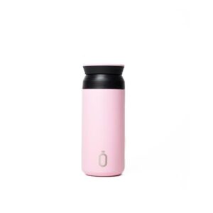 Stainless steel insulated travel mug with a sleek pink design, perfect for keeping beverages hot or cold on the go.