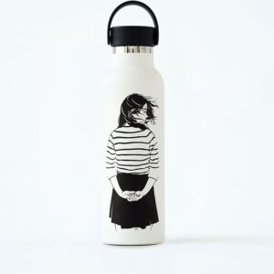 Love Water Bottle with Artistic Illustration of a Woman in Striped Shirt Drinking, Reusable and Eco-Friendly Hydration Accessory.