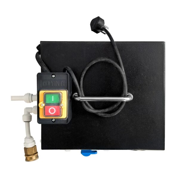 Black electronic water filtration control system with power switch and inlet/outlet connections for industrial or residential water purification setups.