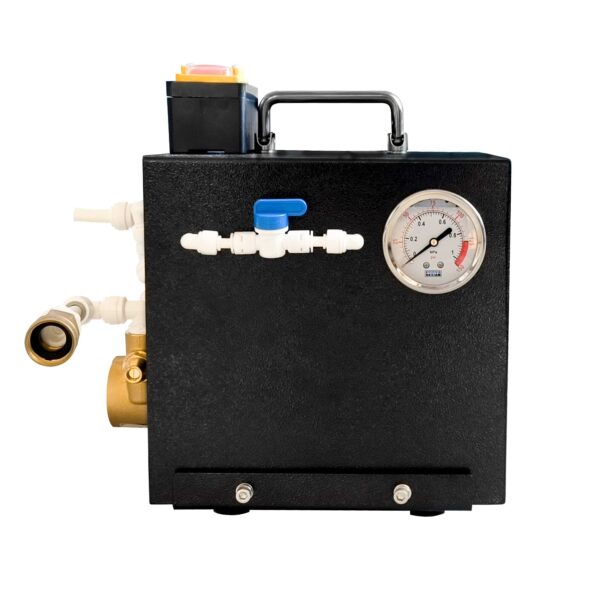 Industrial water filtration pump with pressure gauge, valves, and durable black casing for efficient water treatment systems. Compact design ideal for commercial and industrial usage.