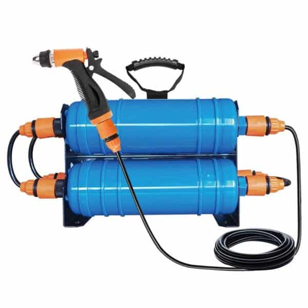 Blue water filter system with black hose and orange fittings, suitable for gardening and water purification.