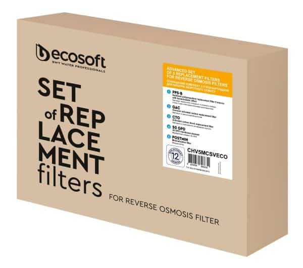 High-quality reverse osmosis filter replacement set for water purification systems, includes five filters, ideal for ECOSOFT BWT water filters, enhances water taste and safety.