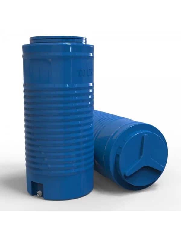 Blue plastic water storage tanks with ribbed design, suitable for large capacity water storage solutions.
