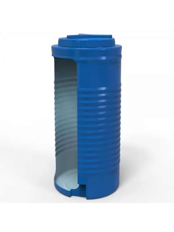 Blue cylindrical water filter housing for reverse osmosis systems and water purification. Durable plastic construction, ideal for residential and commercial filtration setups.