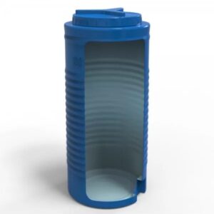 Blue cylindrical water filter housing with transparent side, designed for easy sediment and carbon filter replacement. Ideal for residential water filtration systems.